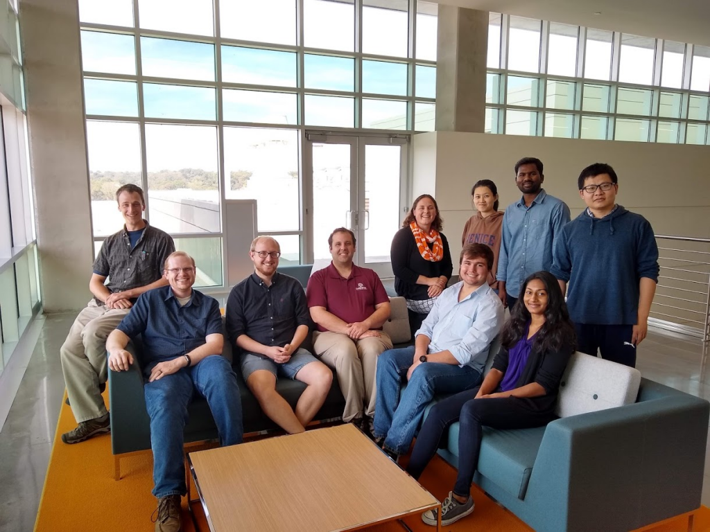 Page group photo from October 2019.  Front row, left to right: Stephen Purdy (ORNL), Mikkel Juelsholt (visiting researcher), Gregory Day (visiting researcher), Noah Sloan (UT), Sreya Paladugu (UT).  Back row, left to right: Peter Metz (ORNL), Kate Page (UT/ORNL), Xin Wang (UT), Pelani Jothi (UT), and Bo Jiang (ORNL).